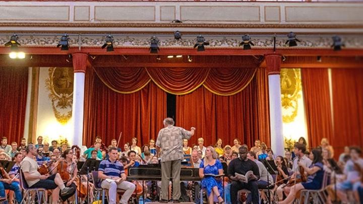 Professor conducts the 赌博娱乐平台网址大全 orchestra during a performance. 